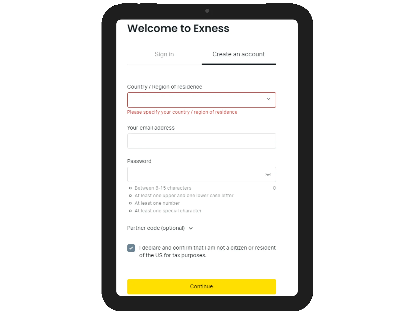 Sign up menu